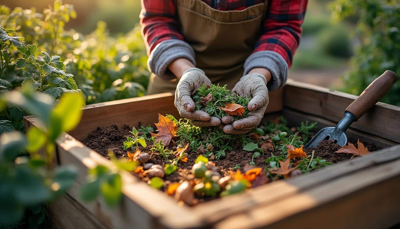 Mélanger les feuilles du potager au compost à l’aide d’une pelle